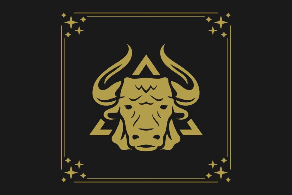 Ilustração com fundo preto e detalhes dourados do signo de Touro