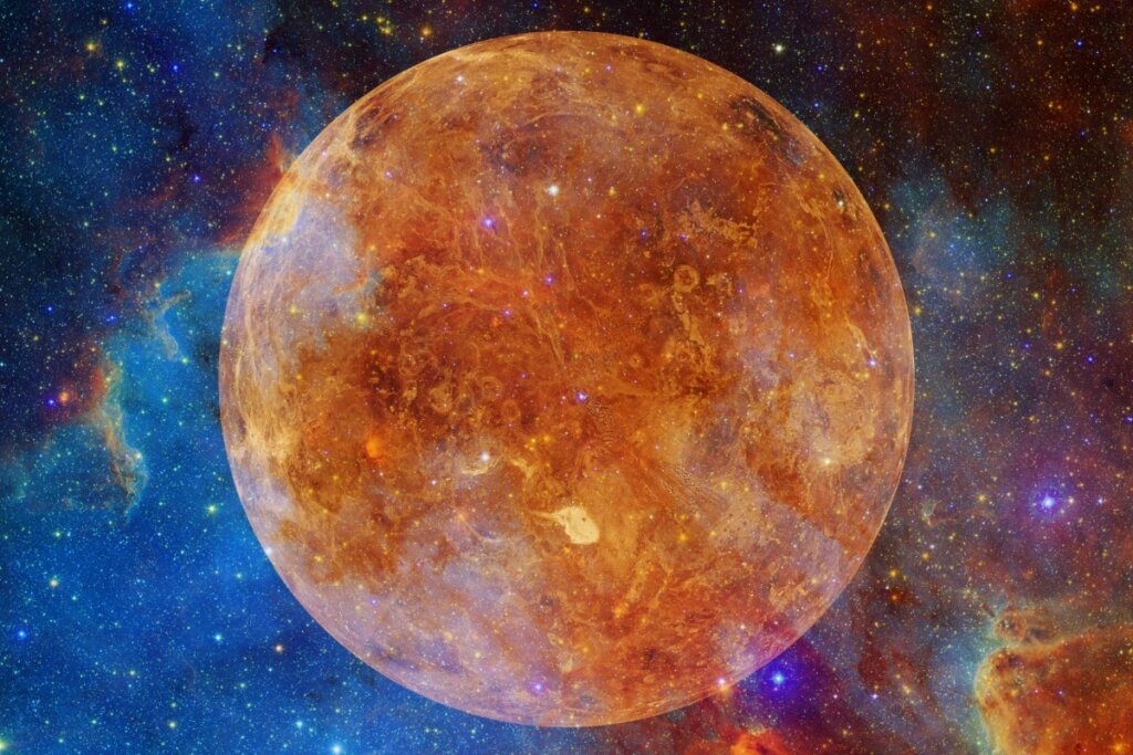 Imagem do planeta Vênus com galáxia ao fundo