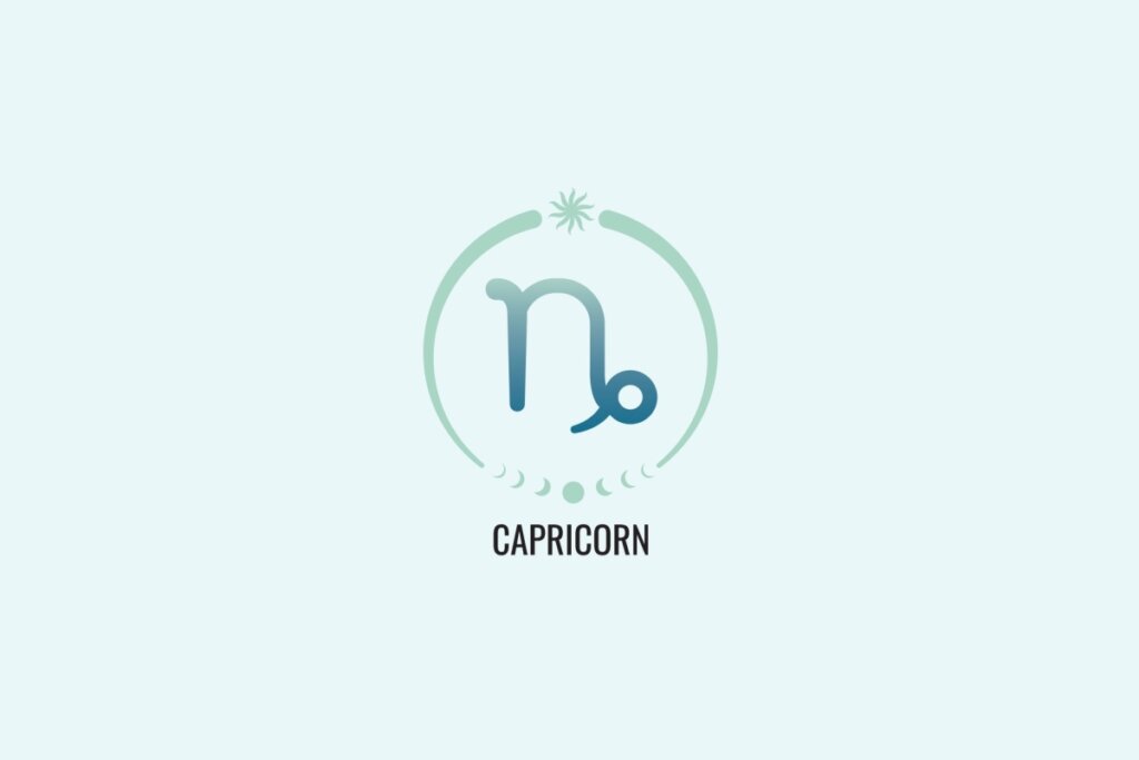 Ilustração do signo Capricórnio, com símbolo em forma de “n” estilizado com curva inferior à direita, em tom azul esverdeado, sobre fundo verde-claro