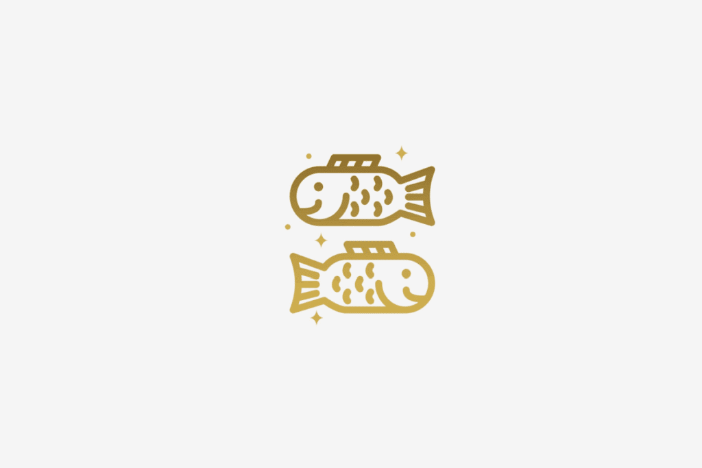 Ilustração do signo de Peixes, contendo dois peixes nadando em sentidos opostos e estrelas ao redor, em fundo cinza-claro