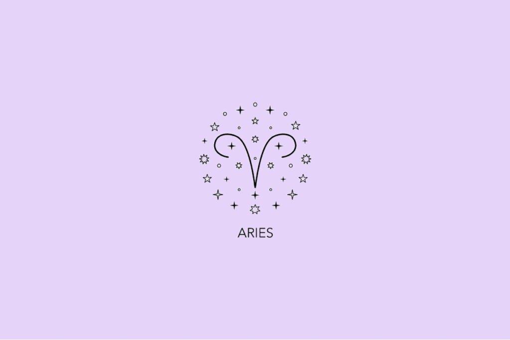 Imagem com fundo lilás apresentando o símbolo astrológico do signo de Áries rodeado por pequenas estrelas