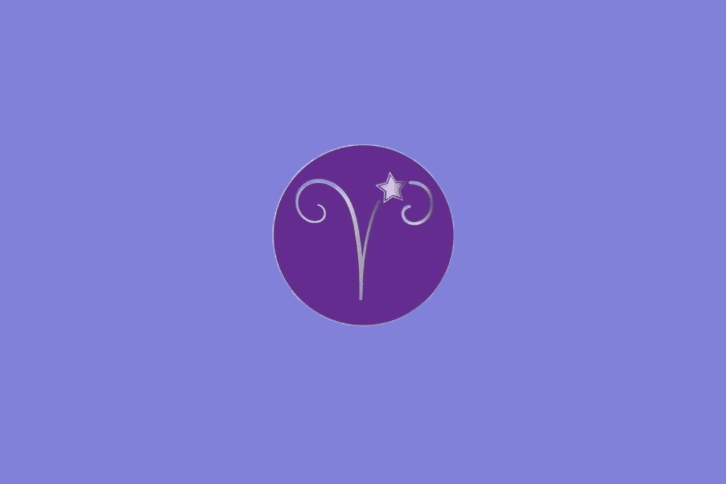 Ilustração do signo de Áries, contendo símbolo estilizado em forma de chifres curvos com estrela ao lado, em fundo roxo