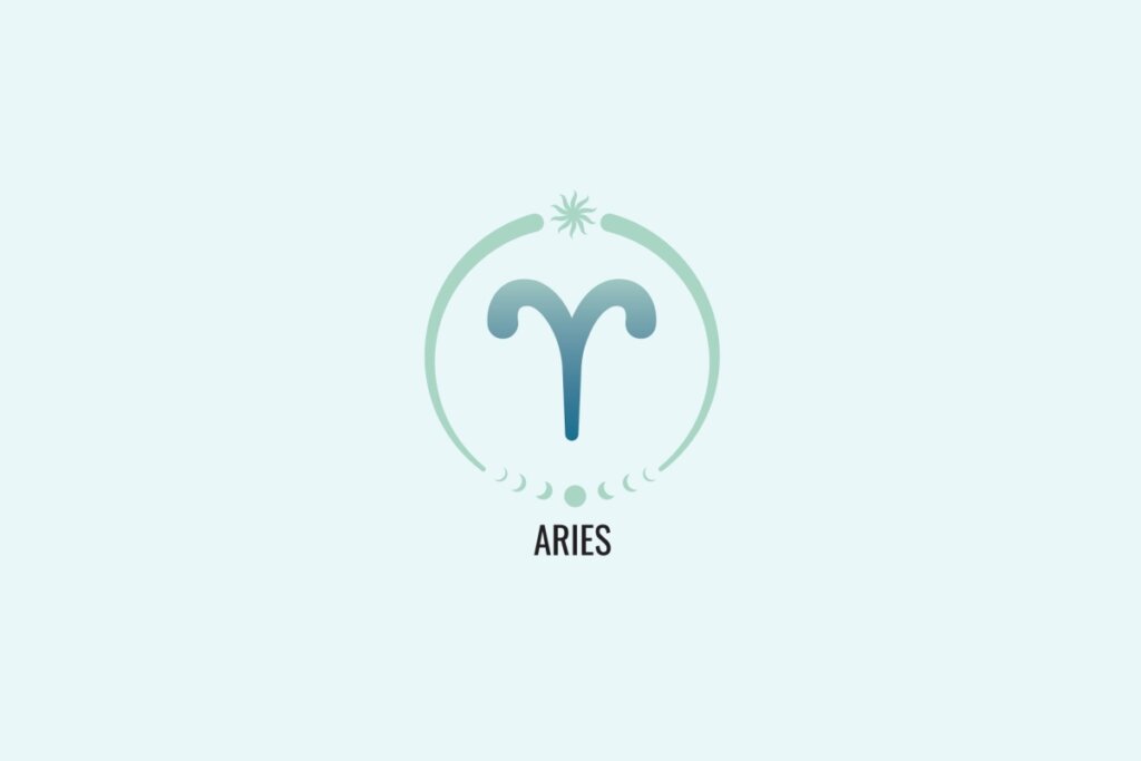 Ilustração do signo Áries, com símbolo em forma de "V" curvado representando chifres de carneiro, em tom azul esverdeado, sobre fundo verde-claro