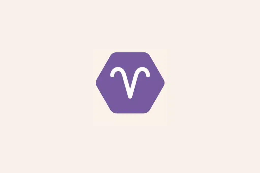 Ilustração do signo Áries, com símbolo branco em formato de chifres curvos em hexágono roxo em fundo bege
