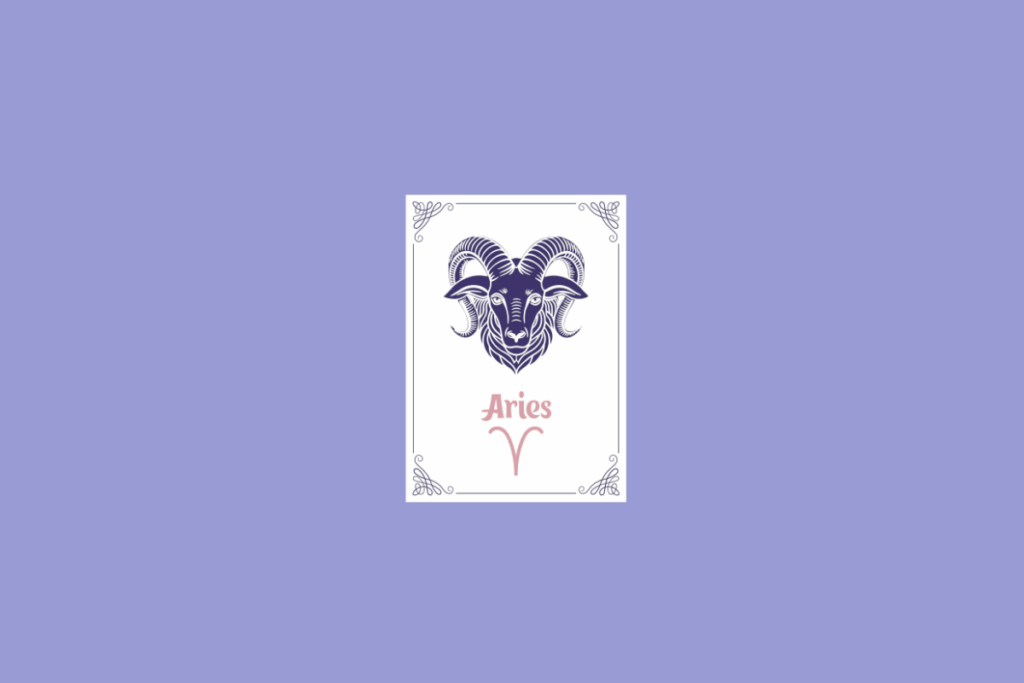 Ilustração do signo de Áries, em fundo lilás, contendo uma carta branca com bordas ornamentadas, a cabeça de um carneiro de chifres curvados em roxo-escuro e, abaixo, o nome "Aries" e o símbolo do signo em rosa