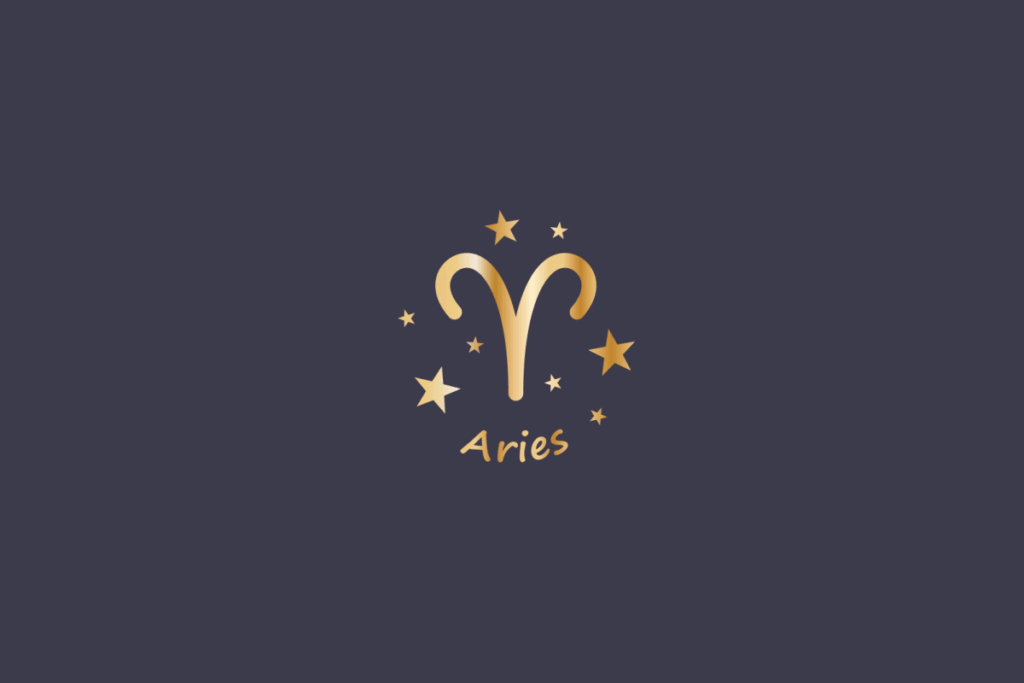 Ilustração do signo de Áries, em fundo cinza, contendo o símbolo do signo em dourado, no formato de chifres de carneiro, cercado por estrelas e com o nome "Aries" abaixo