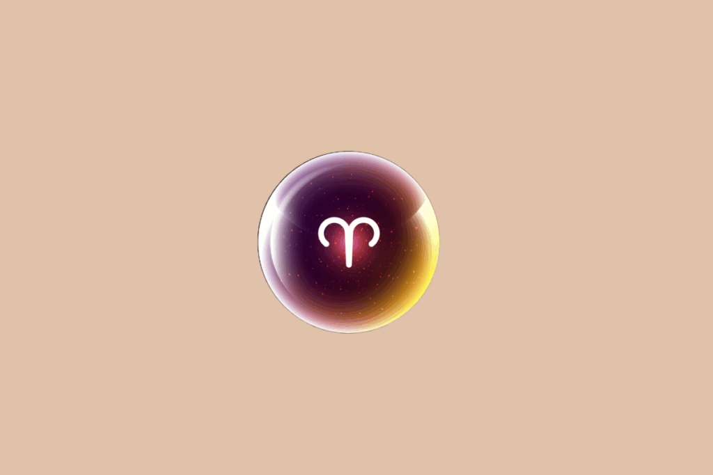 Ilustração do signo de Áries, em fundo bege, contendo o símbolo do signo em branco, semelhante a dois chifres curvados, no centro de uma esfera luminosa