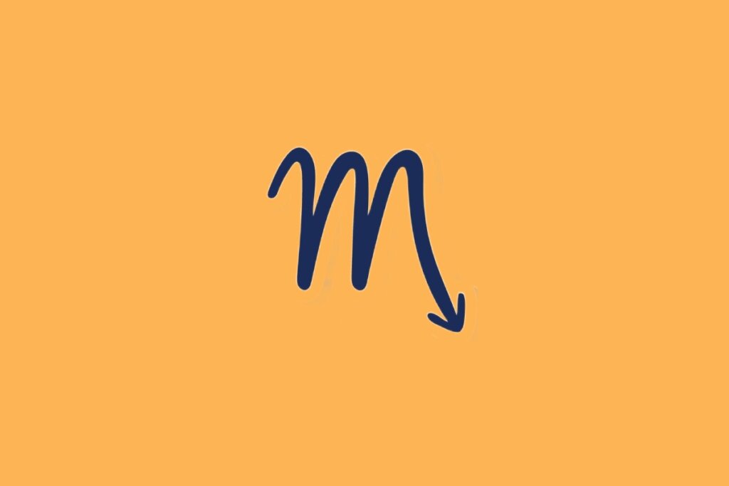 Ilustração do signo de Escorpião, em fundo alaranjado, com símbolo em "m" e seta curva apontando para baixo