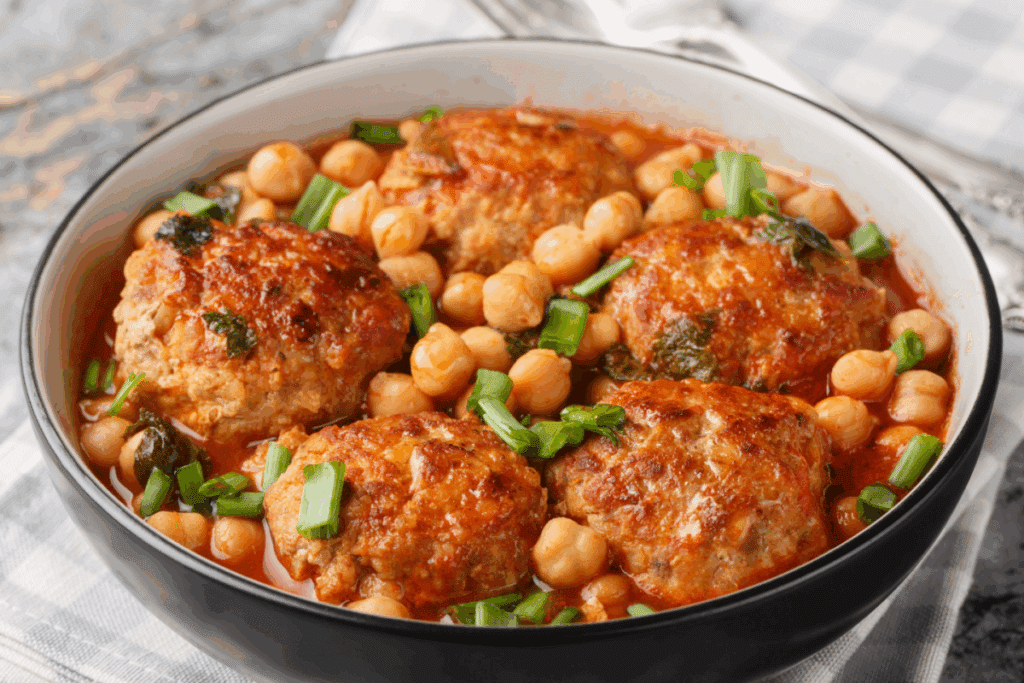 Tigela preta com almôndegas com linhaça douradas imersas em molho de tomate encorpado, acompanhadas por grãos-de-bico inteiros e polvilhadas com cebolinha picada.
