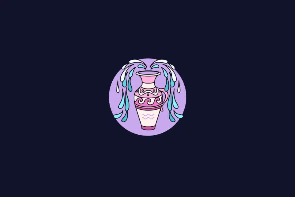 Ilustração do signo de Aquário, mostrando um vaso rosa estilizado derramando água azul, dentro de um círculo lilás.