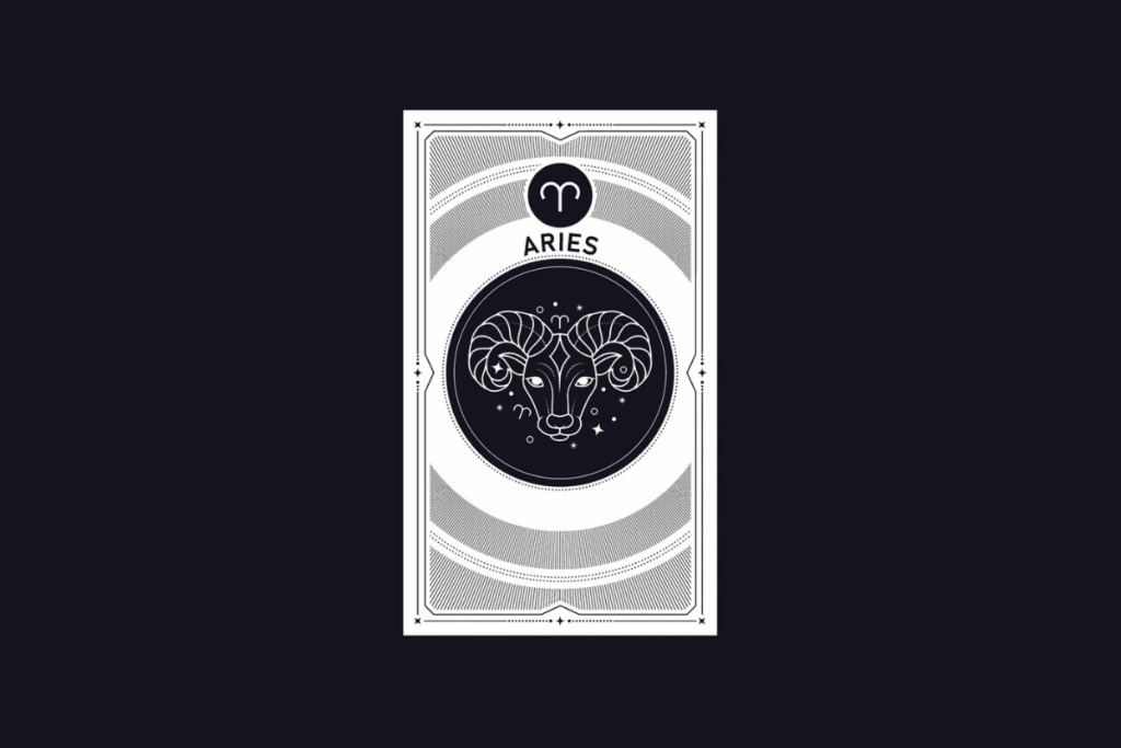Ilustração em estilo carta de tarot em preto e branco do signo de Áries, contendo o símbolo do signo, a palavra "ARIES" e a cabeça de um carneiro no centro.