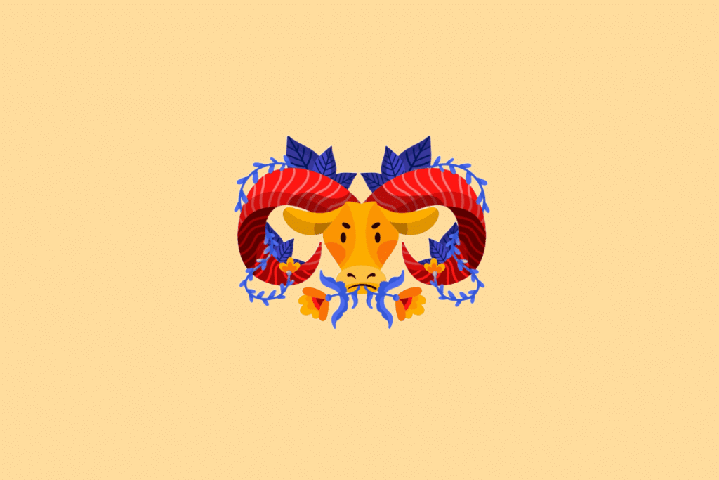 Ilustração estilizada do signo de Áries. No centro, a cabeça de um carneiro amarelo vista de frente, com grandes chifres espiralados em tons de vermelho e laranja, cercada por ramos de folhas azuis e flores laranjas. O fundo é de cor amarela clara uniforme.