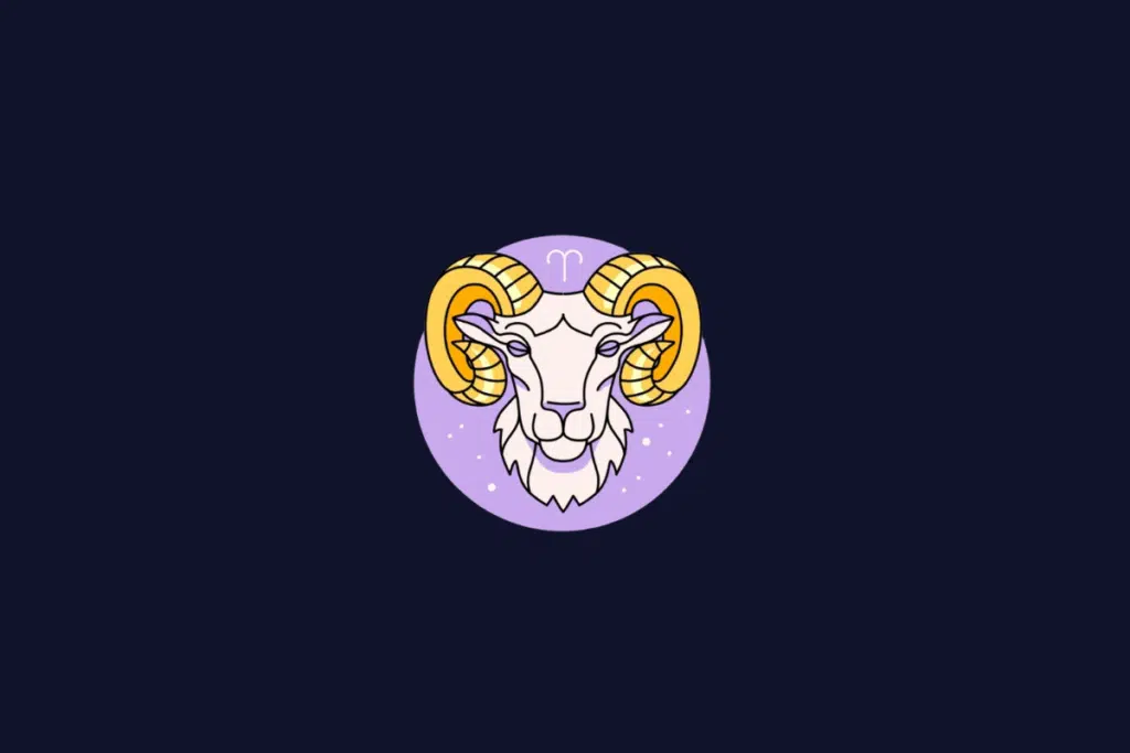 Ilustração do signo de Áries, mostrando a cabeça de um carneiro branco com grandes chifres espiralados amarelos, dentro de um círculo lilás.