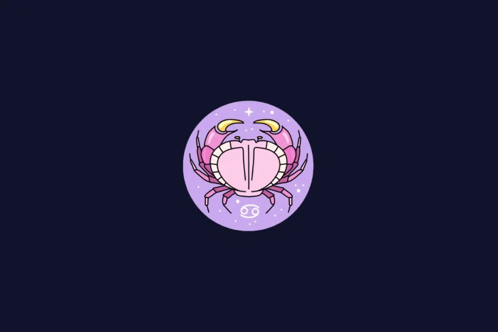Ilustração do signo de Câncer, mostrando um caranguejo rosa estilizado com garras amarelas, dentro de um círculo lilás.