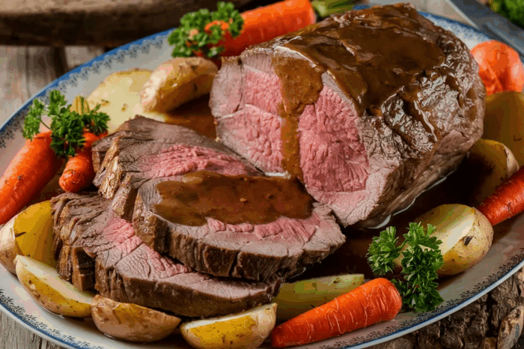Uma foto em close de uma travessa de carne assada fatiada com legumes. A carne está no centro, com três fatias grossas cortadas e o restante da peça inteira. Ela está coberta com um molho marrom brilhante e guarnecida com salsa fresca. Os legumes ao redor são batatas brancas, cenouras baby e ramos de alecrim. A travessa é de cerâmica azul e branca e o fundo é uma mesa de madeira.