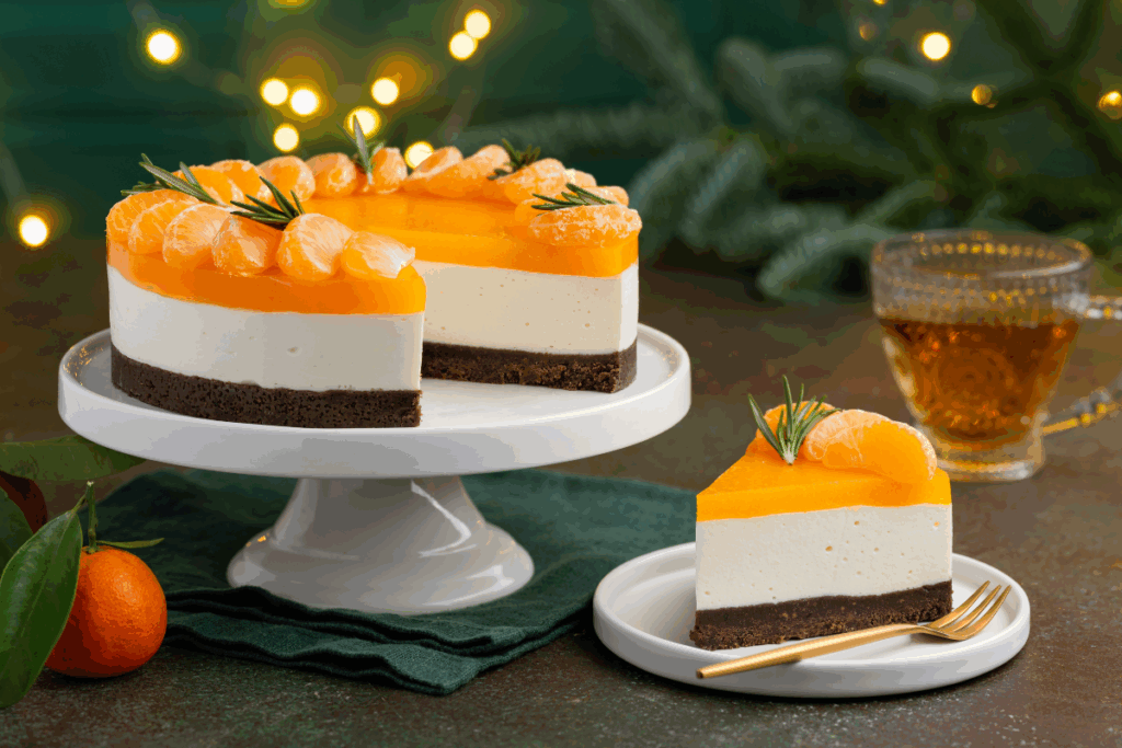 Cheesecake de mexerica em camadas, disposta em um prato elevado. O cheesecake tem base escura de biscoito de chocolate, recheio branco cremoso e cobertura alaranjada decorateda com gomos da fruta e ramos de alecrim. Ao lado, há uma fatia servida em um pratinho e uma xícara de chá.
