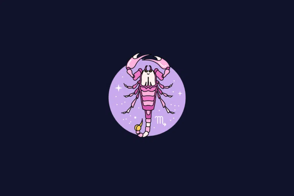 Ilustração do signo de Escorpião, mostrando um escorpião rosa estilizado visto de cima, dentro de um círculo lilás.