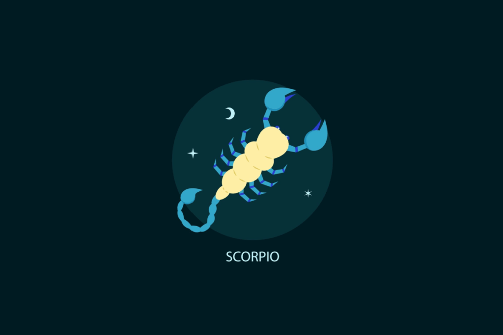 Ilustração vetorial do signo de Escorpião em um círculo azul-escuro sobre fundo preto. Mostra um escorpião com corpo amarelo e patas, garras e cauda azuis, acompanhado por uma lua crescente e estrelas brancas. Abaixo, consta o texto "SCORPIO".