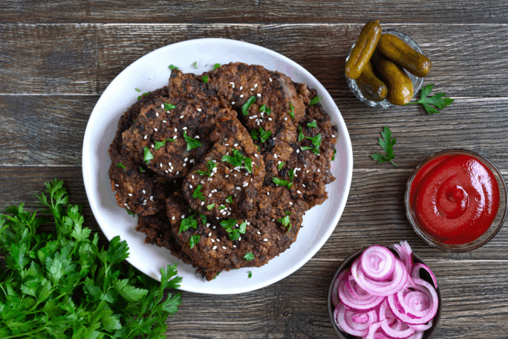 Prato com bifes de fígado empanados, finalizados com sementes de gergelim e salsinha, servidos com picles, cebola roxa e ketchup.