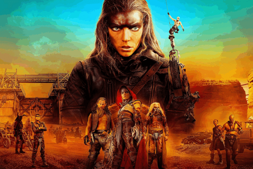Capa do filme "Furiosa: Uma Saga Mad Max", com o rosto de uma mulher em destaque e pessoas abaixo dela em um cenário de guerra