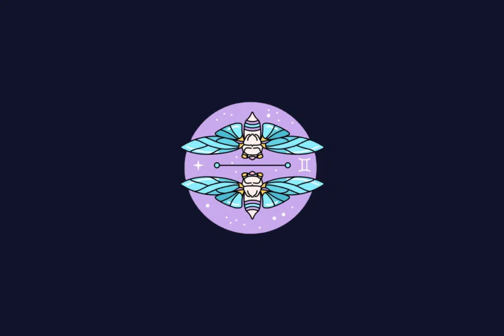 Ilustração do signo de Gêmeos, mostrando duas cigarras/insetos com asas azuis espelhadas na horizontal, dentro de um círculo lilás.