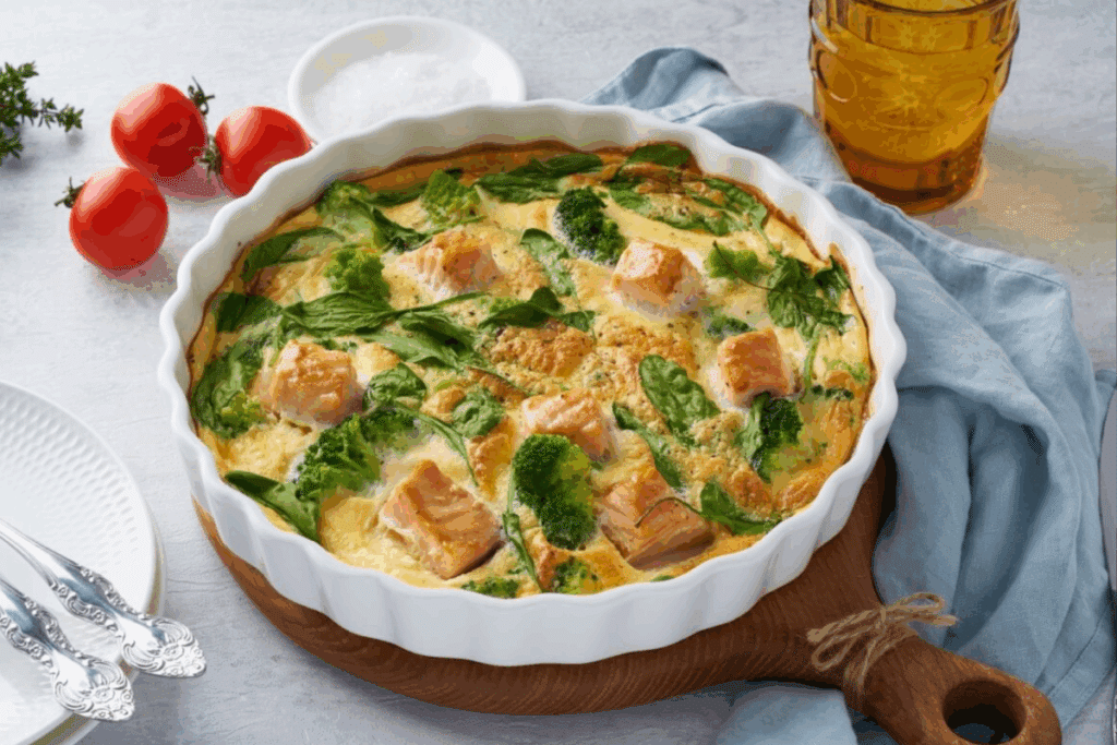 Gratinado de salmão com espinafre, brócolis e ovos assando em travessa redonda, com tomates e azeite dispostos ao redor