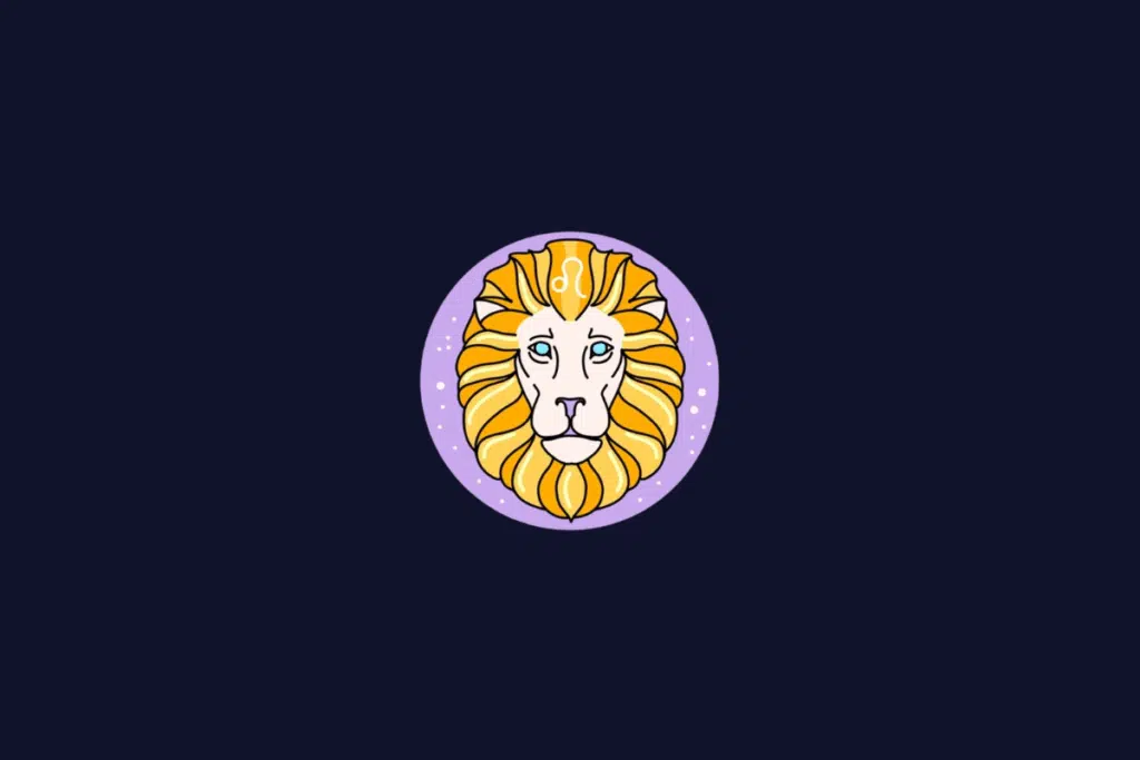 Ilustração do signo de Leão, mostrando a cabeça de um leão estilizado com juba amarela, dentro de um círculo lilás.