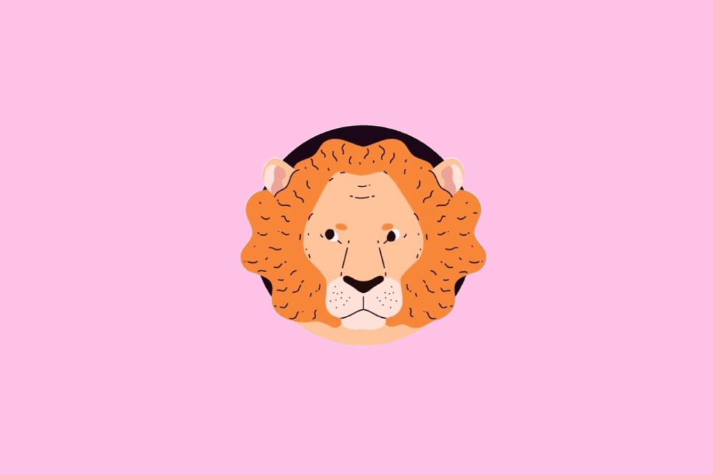 Ilustração frontal da cabeça de um leão com uma juba volumosa em tons de laranja e amarelo, apresentando uma expressão calma