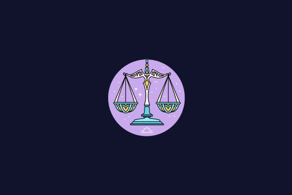 Ilustração do signo de Libra, mostrando uma balança estilizada em tons de azul e amarelo, dentro de um círculo lilás.