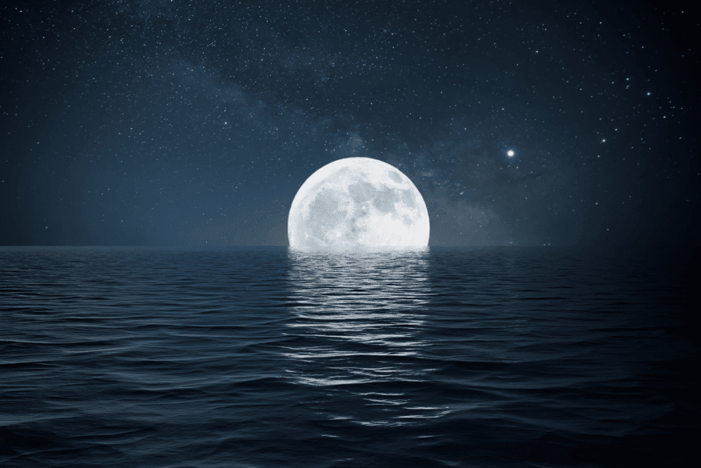 Uma grande Lua Cheia branca brilha sobre um mar escuro, repleto de ondulações e texturas. A luz prateada e cintilante da Lua se estende em linha reta pela superfície da água. O céu escuro é coberto por inúmeras estrelas.