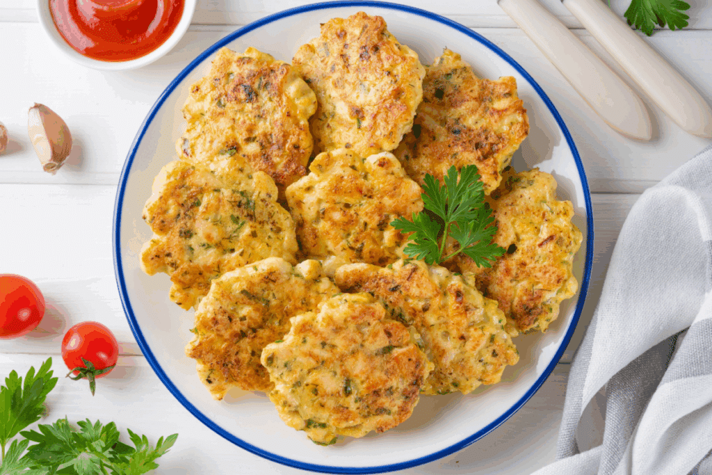 Bolinhos achatados de frango e grão-de-bico dourados na frigideira, finalizados com salsinha fresca e servidos em prato branco, acompanhados de molho de tomate, tomates-cereja, alho e ervas ao redor