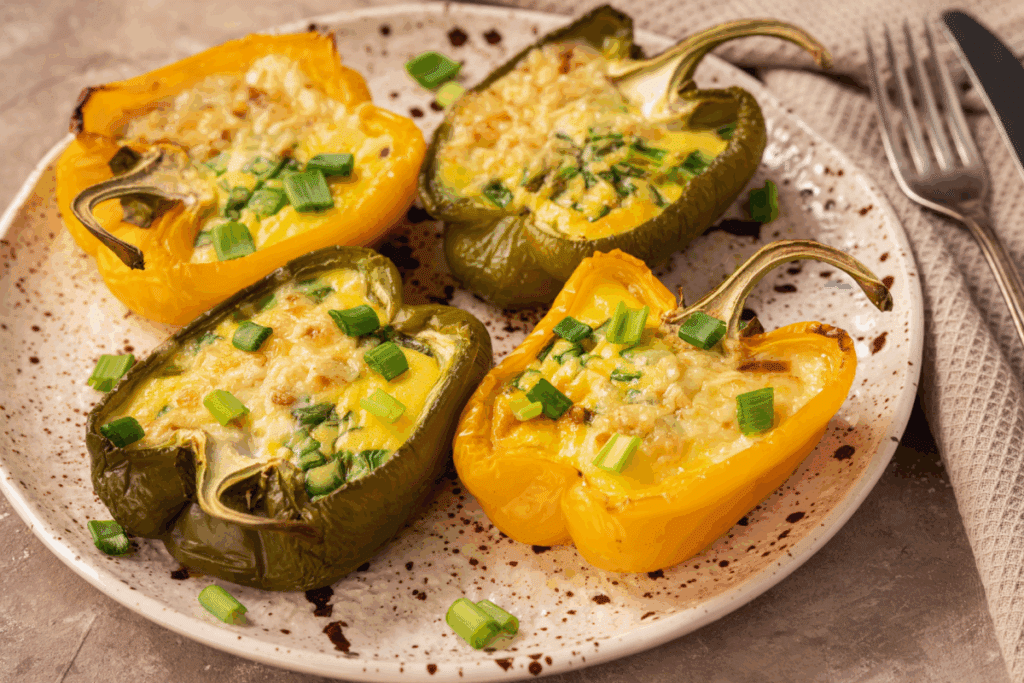 Quatro metades de pimentões amarelos e verdes assados, recheados com ovos gratinados e polvilhados com cebolinha picada, dispostos em um prato raso.