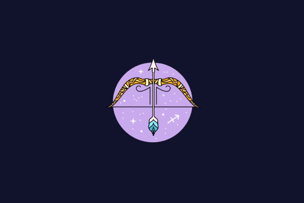 Ilustração do signo de Sagitário, mostrando um arco e flecha com detalhes amarelos e azuis, dentro de um círculo lilás.