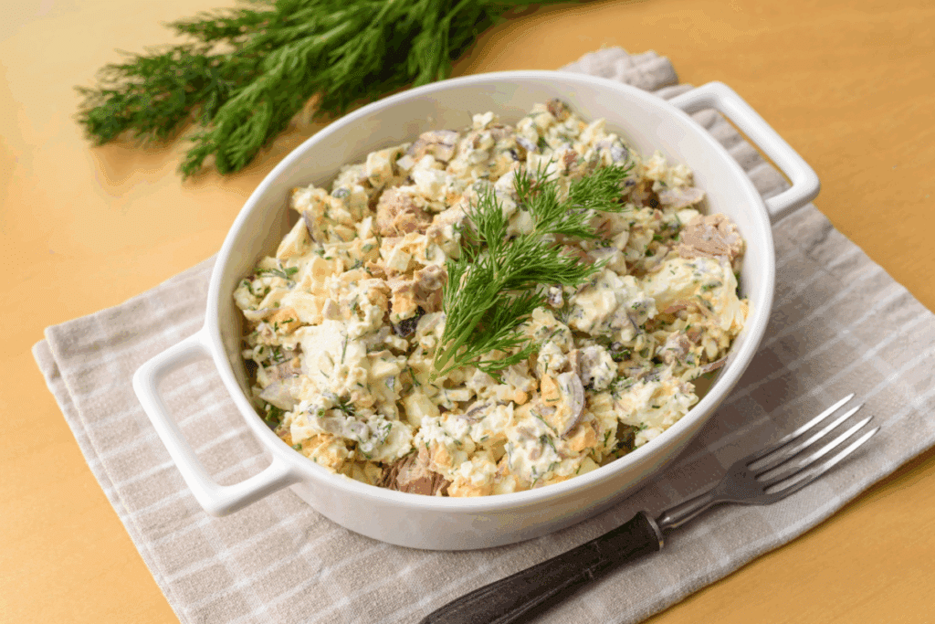 Uma salada cremosa de atum com ovos cozidos, cebola roxa e ervas, servida em uma tigela branca com um garfo ao lado.