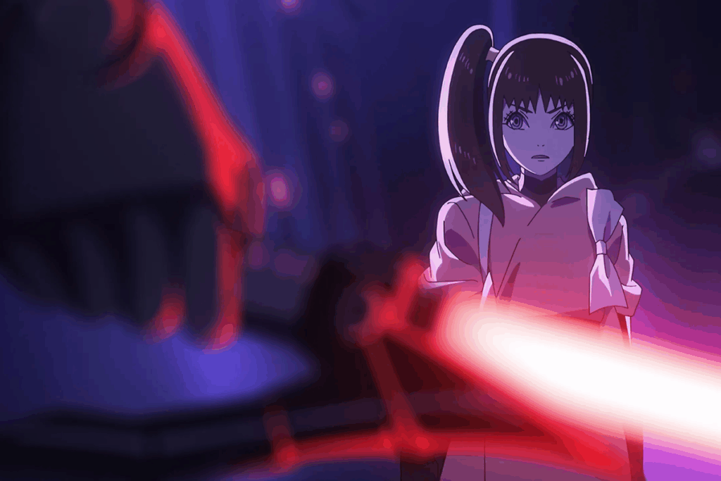 Cena em estilo de anime com iluminação sombria e tons de roxo e vermelho. Em primeiro plano, uma mão enluvada segura um sabre de luz vermelho empunhado na diagonal. Ao fundo, uma jovem garota de cabelos castanhos presos em um rabo de cavalo alto observa a cena com uma expressão determinada e séria.