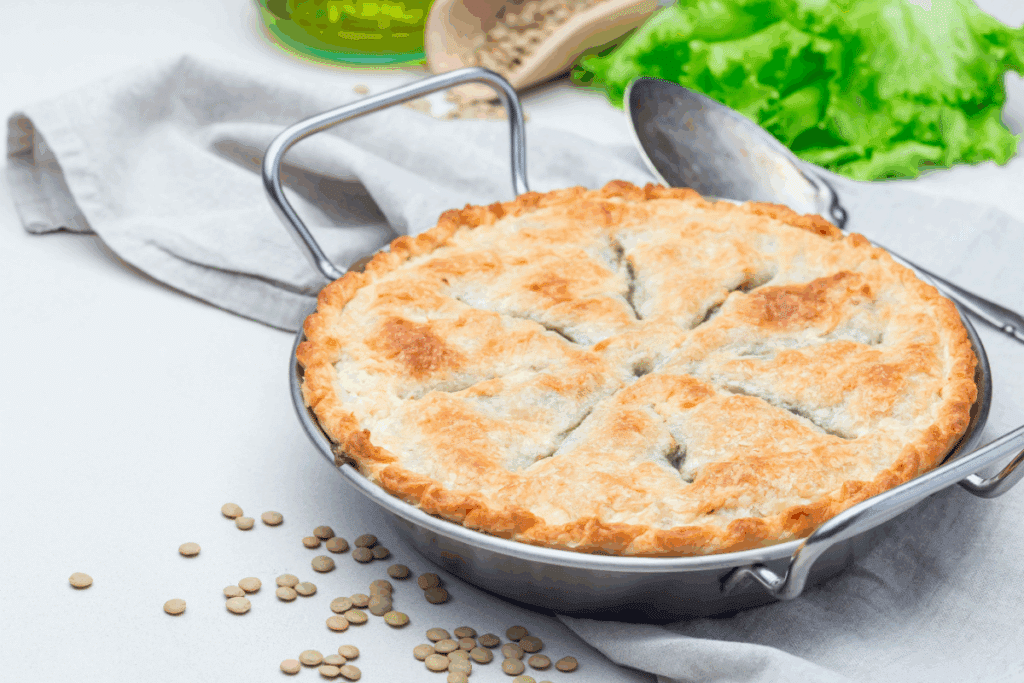 Uma torta de lentilhas inteira e redonda, apresentada em uma assadeira de inox fosco com duas alças laterais elevadas. A massa do topo está bem assada, exibindo tons que variam do dourado-claro ao marrom-tostado nas bordas frisadas. Há seis cortes radiais decorativos que saem do centro da massa para liberar o vapor.