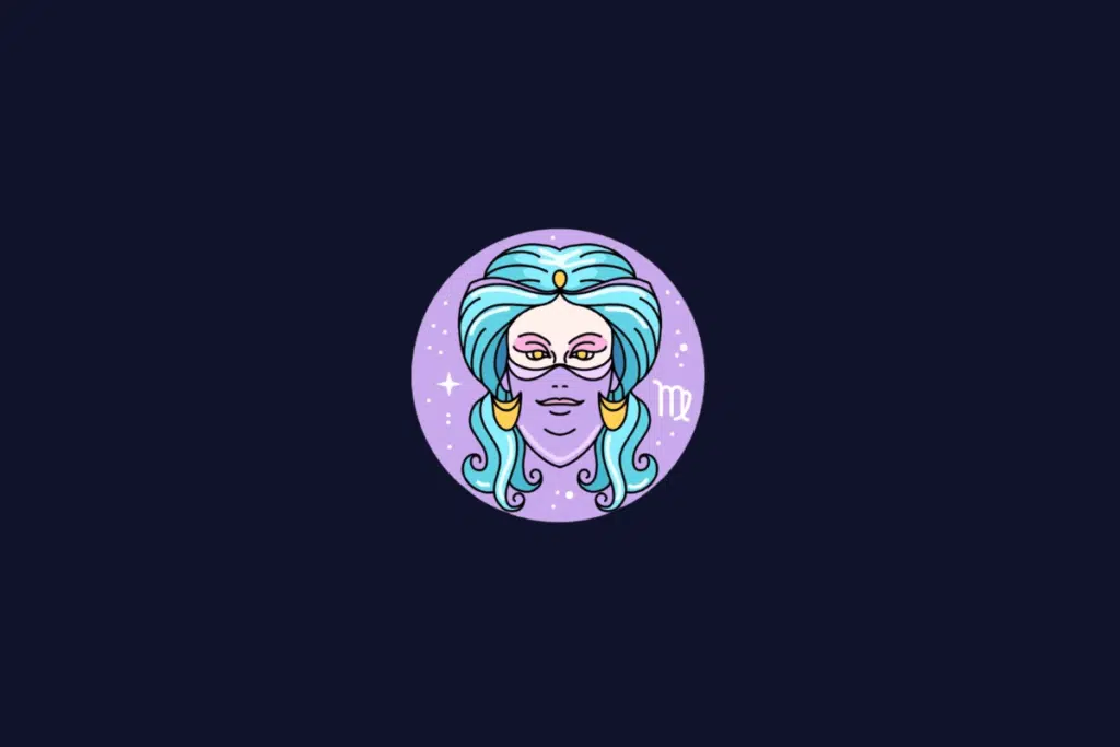 Ilustração do signo de Virgem, mostrando o rosto de uma mulher estilizada com cabelos azuis e véu roxo, dentro de um círculo lilás.