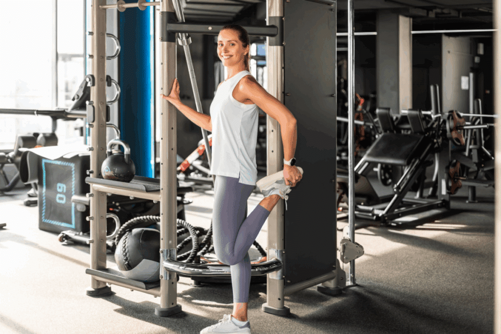Mulher alongando a perna enquanto se apoia em um aparelho de musculação