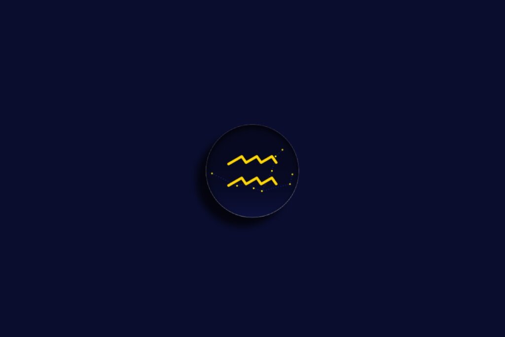 Ilustração do signo de aquário em amarela sobre um fundo azul-escuro