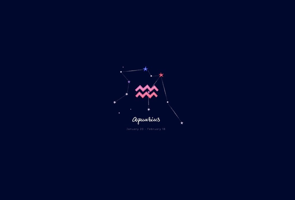 Ilustração do signo de Aquário, na cor rosa, sobre um fundo azul-escuro, com a constelação do signo ao redor