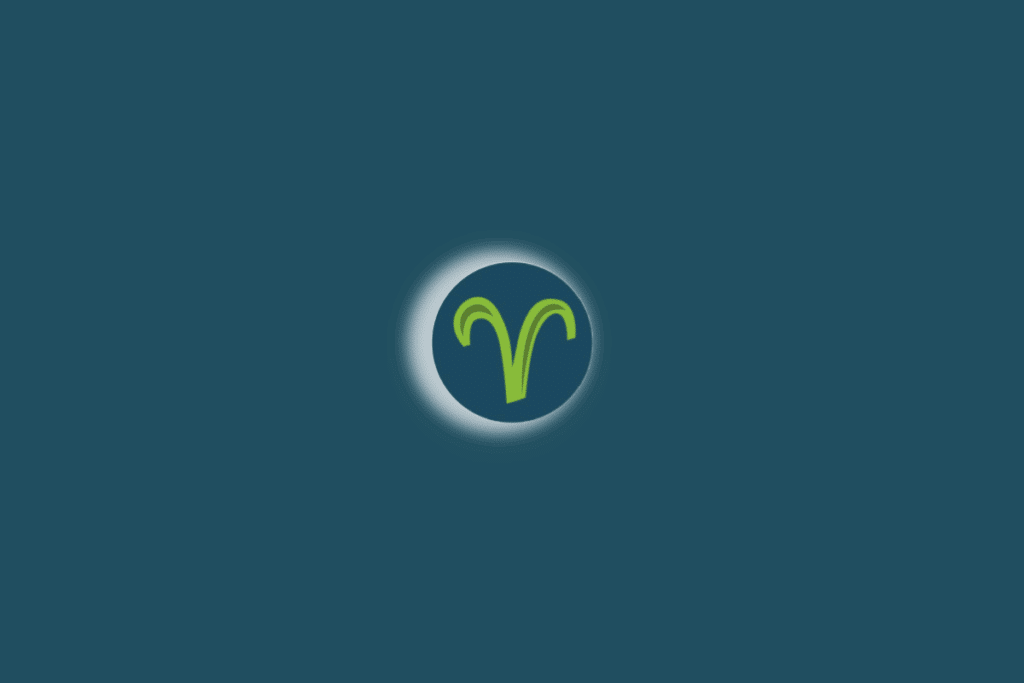 Ilustração do símbolo do signo de áries com luz branca ao redor. Fundo verde-escuro 