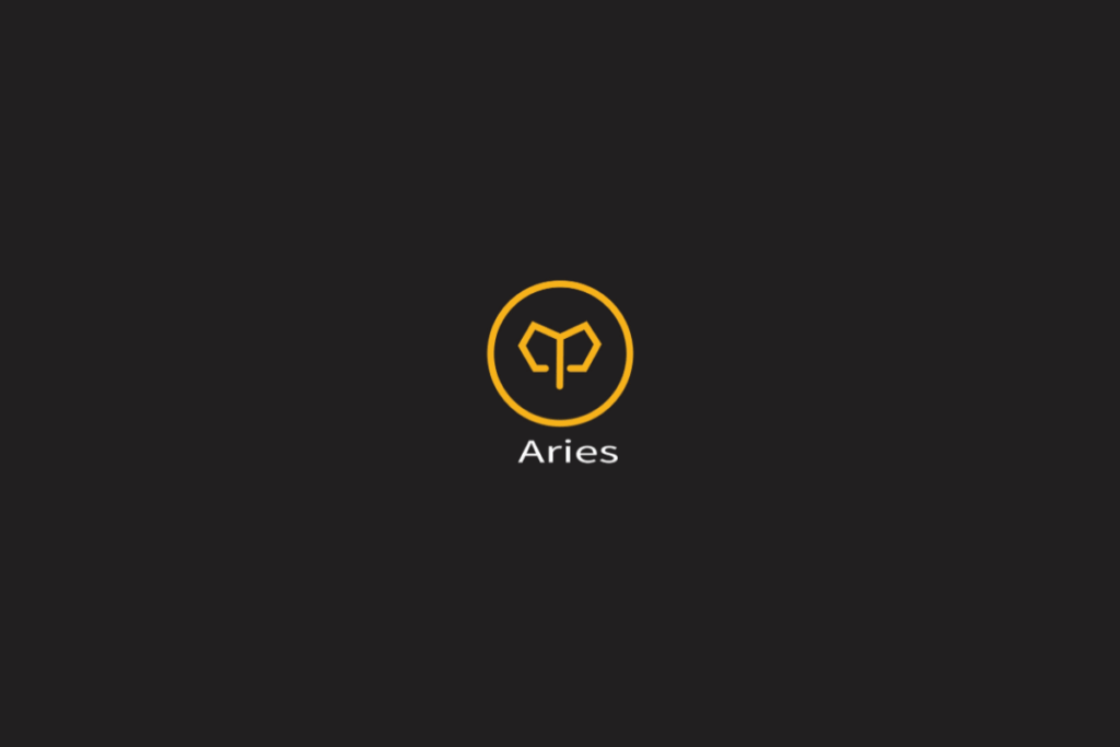 Ilustração do signo de áries em amarelo, dentro de um círculo da mesma cor, centralizado em fundo preto 