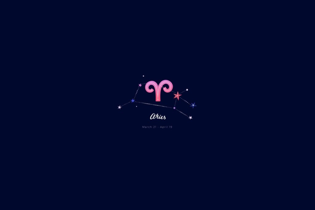 Ilustração do signo de áries, na cor rosa, sobre um fundo azul-escuro, com a constelação do signo ao redor