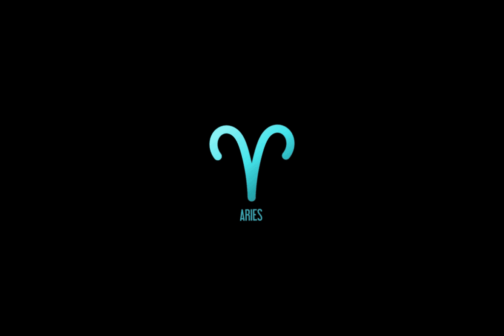 Ilustração do signo de áries em azul, com o nome do signo abaixo, centralizado em fundo preto