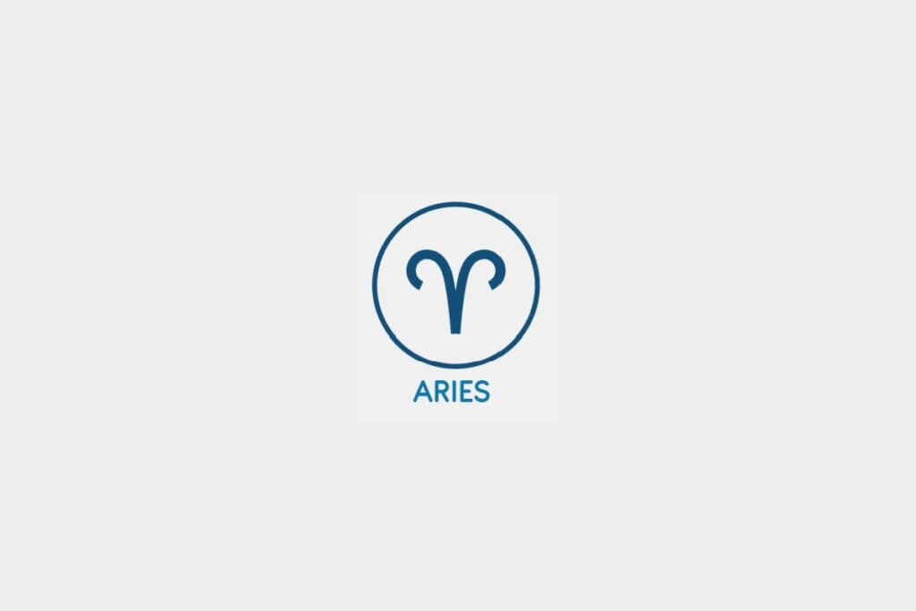 Círculo azul com o símbolo do signo de Áries ao centro e o nome do signo abaixo, sobre um fundo cinza-claro