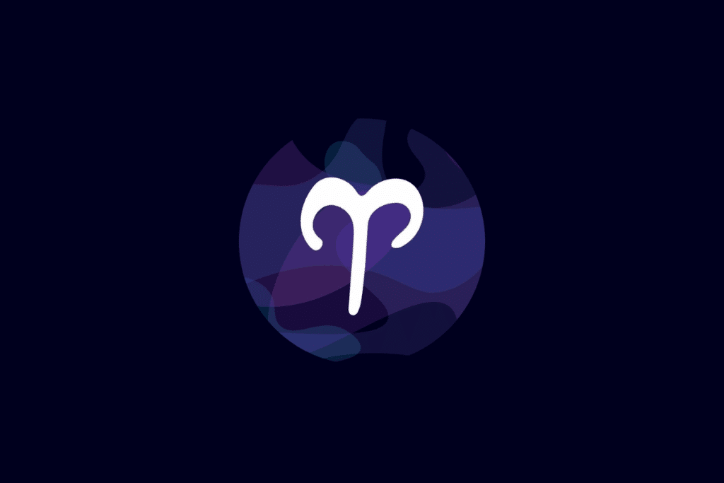 Ilustração do símbolo do signo de Áries em branco, centralizado sobre um círculo com tons de azul e roxo, em fundo azul-escuro.