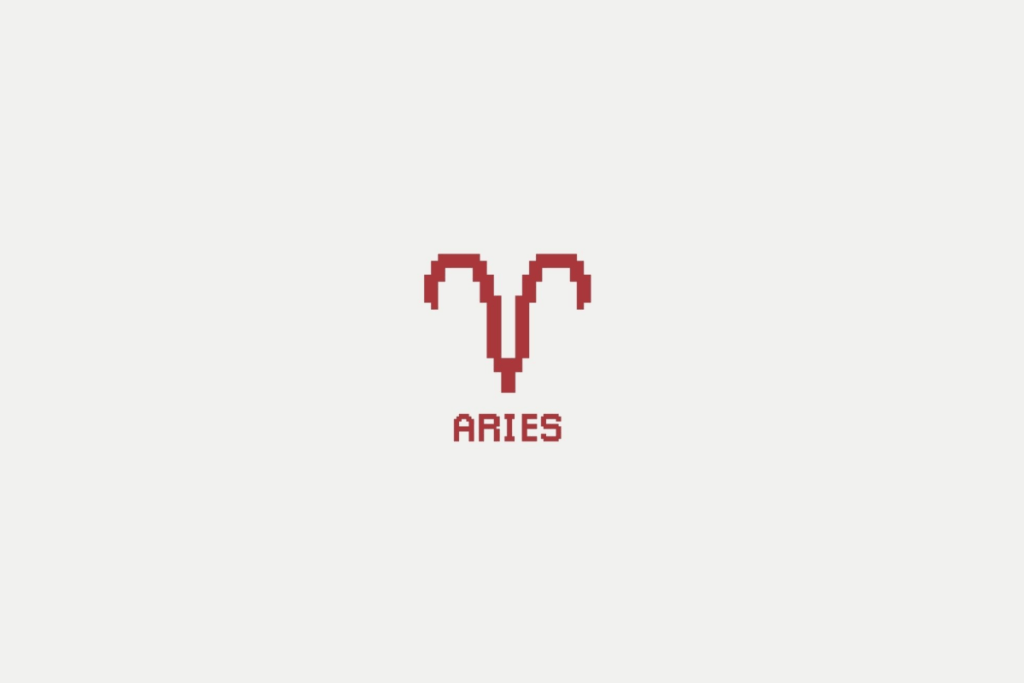 Ilustração do signo de áries em vermelho e com o nome abaixo, centralizado em um fundo cinza-claro