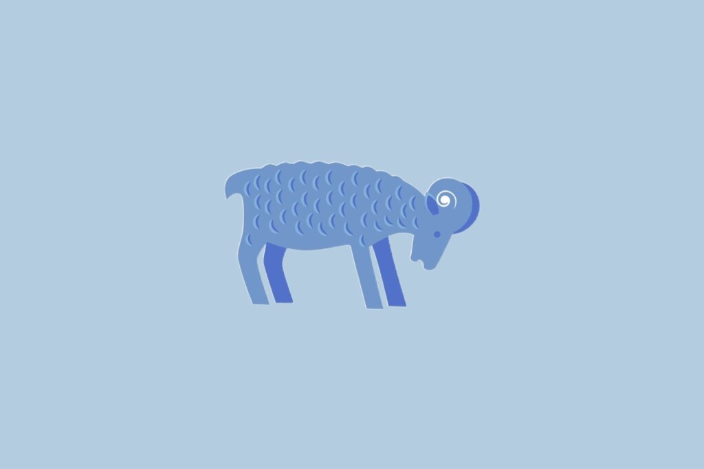 Ilustração do signo Áries, com a figura de um carneiro curvado com chifres, desenhado em azul sobre fundo azul-claro