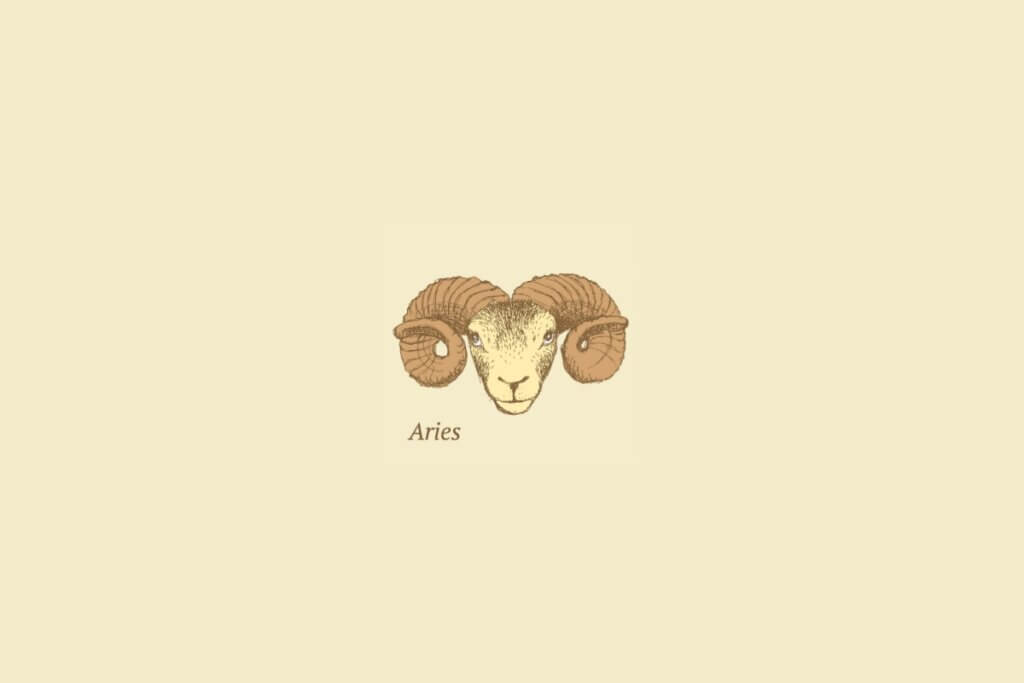 Ilustração do signo de áries centralizado, com o nome do signo embaixo, em um fundo rosa-salmão