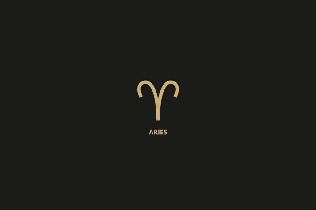 Ilustração do signo de Áries sobre um fundo preto, com o nome do signo logo abaixo
